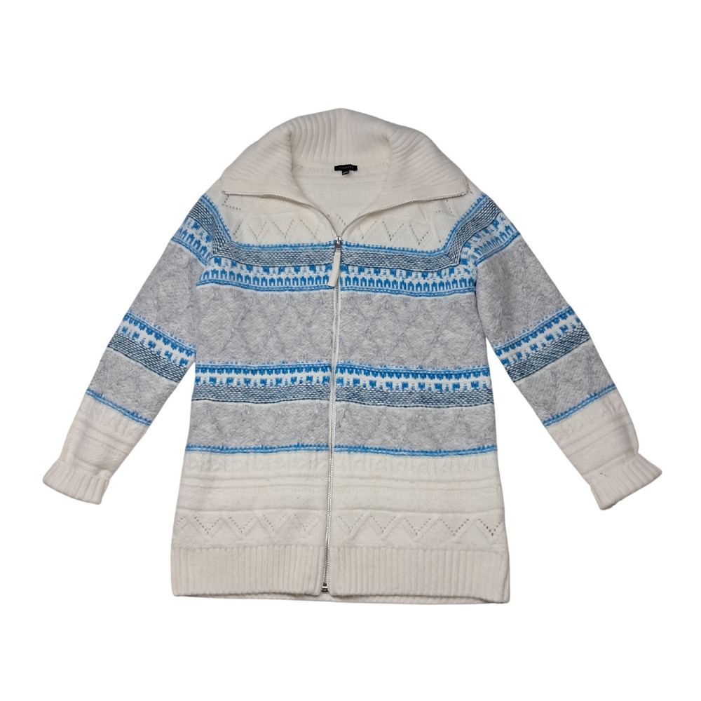 Talbots Mock Neck Full Zip Sweater Cardigan Womens Small Ivory Blue Fair Isle